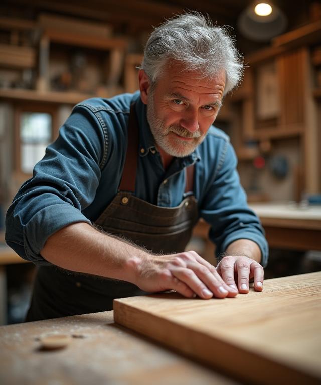 An artisan carefully sanding a piece of solid oak in the workshop.