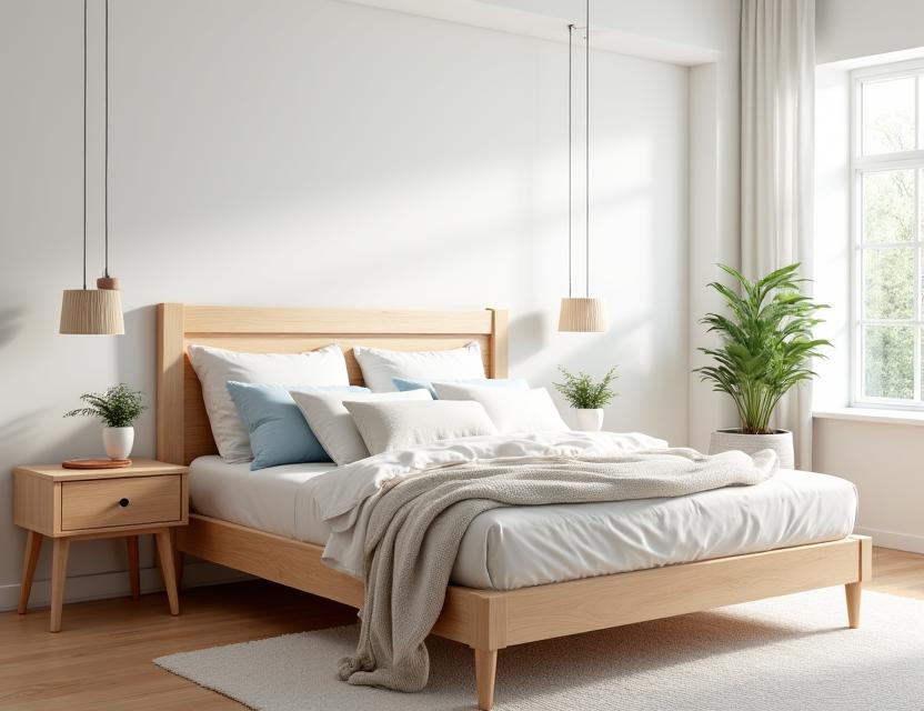 A handcrafted ash bed frame with a natural finish headboard in a bright bedroom.
