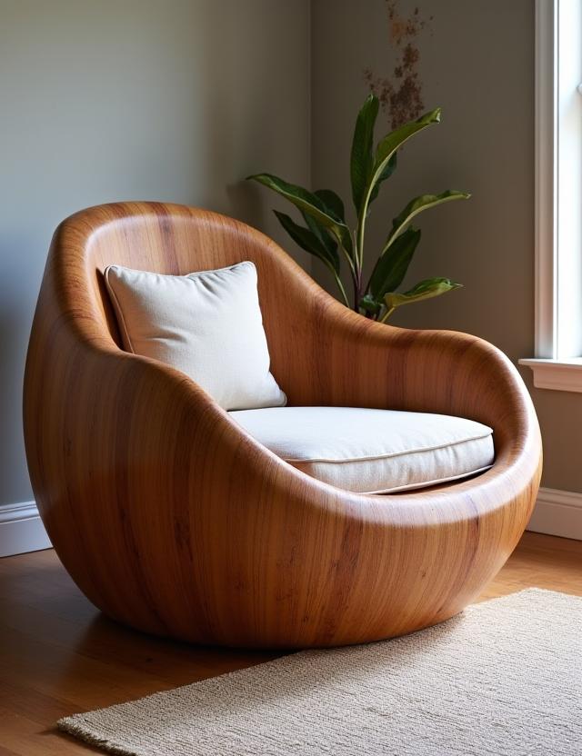 A sculptural accent chair made from reclaimed Kawartha pine with a soft cushion.