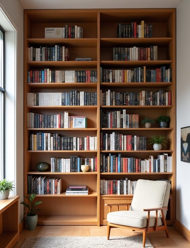A tall, sturdy oak bookcase with clean, modern lines, filled with books.