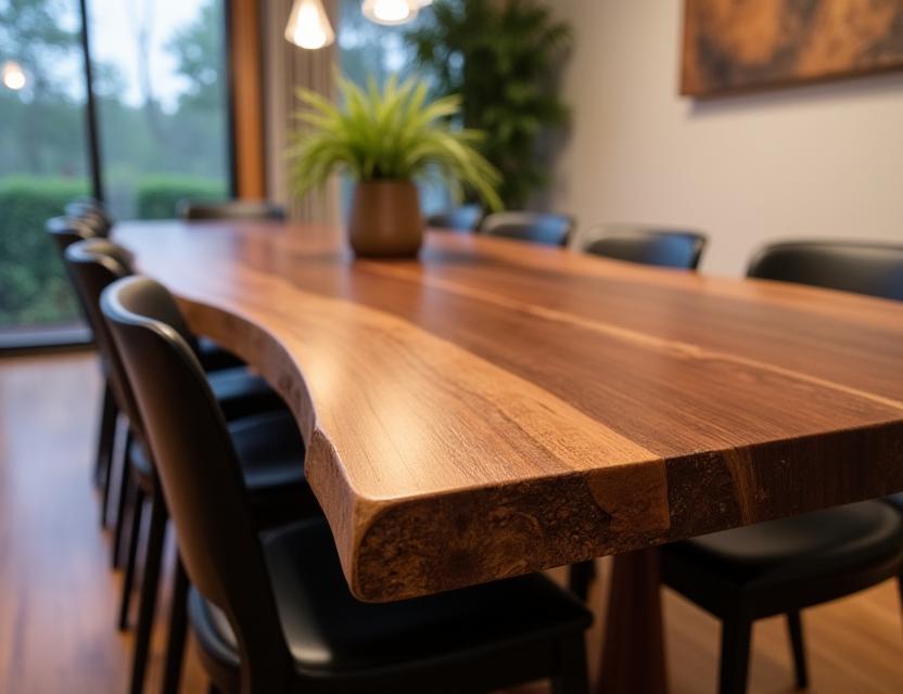 A solid Ontario black walnut dining table with a live edge, seating eight.
