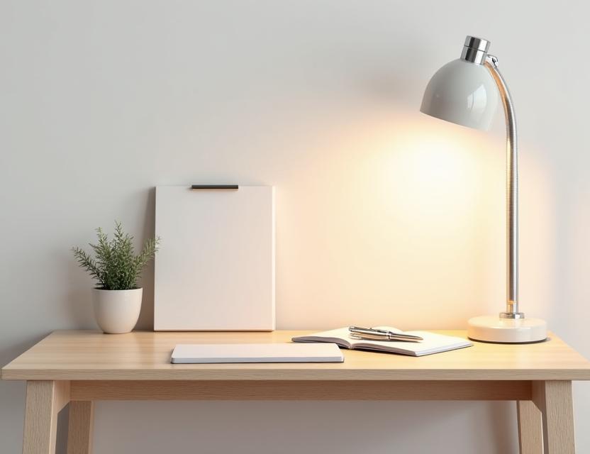 A simple and elegant birch writing desk, perfect for a home office, with a small lamp.