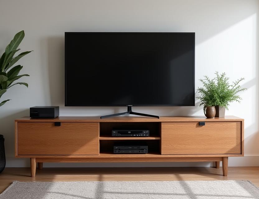 A long and low Elm media console with sliding doors, holding a television.